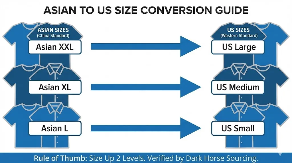 Infographic getiteld 'Asian to US Size Conversion Guide' van Dark Horse Sourcing, die verschillen in kledingmaat laat zien tussen Chinese en westerse normen, en illustreert dat Asian XXL een US Large is, XL een Medium en L een Small.